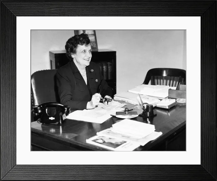 Framed Print : Pearl Mesta, Washington, D.C. political hostess, at her desk, ca. 1949. In 1925, at age 36, she was widowed with $78 million fortune