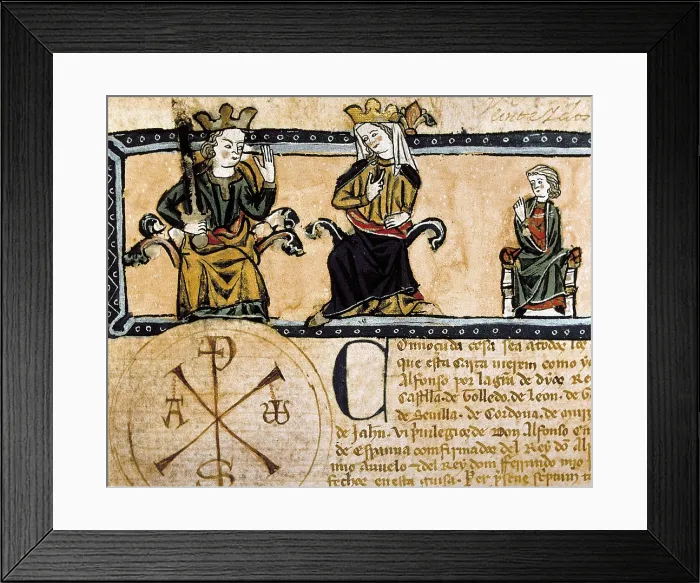 Framed Print : Codex of Tojos Outos (13th c.). From left to right, King Alfonso X the Wise, his wife Violante of Aragon and their son Ferdinand de la Cerda. Gothic art. Miniature Painting