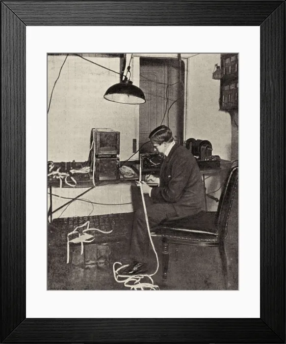 Framed Print : MARCONI, Guglielmo (1874-1937). Marconi receiving a message by wireless telegraph (1902). AISA / Everett Collection**US SALES ONLY** Framed Print : MARCONI, Guglielmo (1874-1937). Marconi receiving a message by wireless telegraph (1902). AISA / Everett Collection**US SALES ONLY**