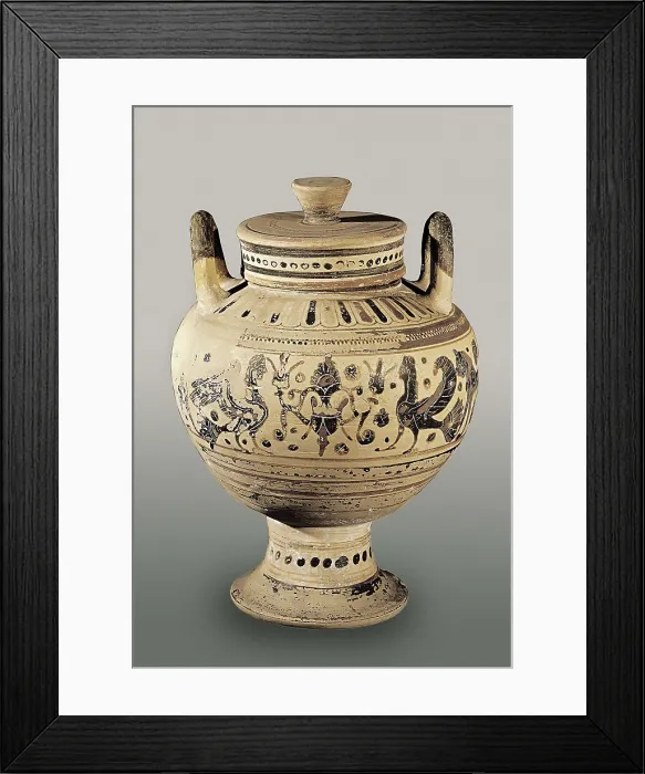 Framed Print : Pyxis. 7th - 6th c. BC. Corinthian style. Black-figured attic ceramic with sphinx decoration. Archaic Greek art. Ceramics. SPAIN. Barcelona. Archaeology Museum of Catalonia