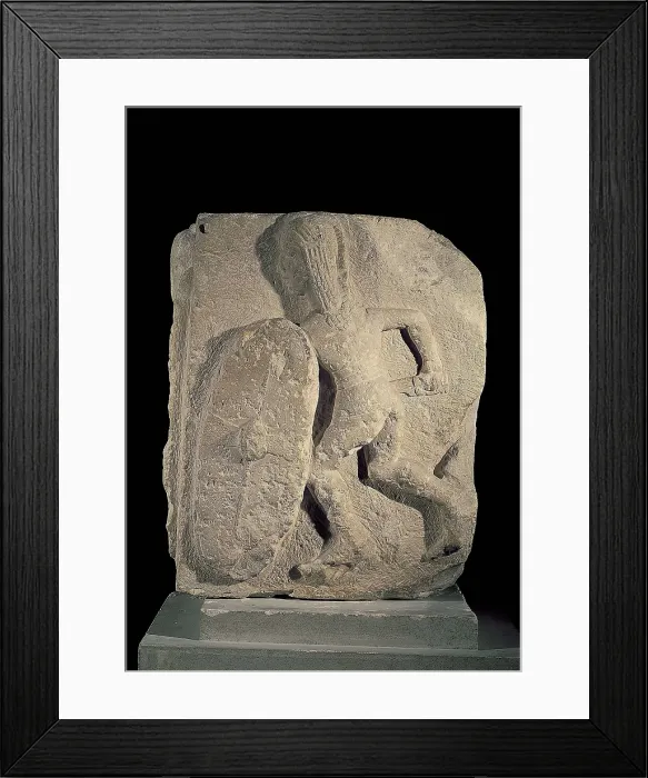 Framed Print : Warrior of Osuna. 3rd-2nd c. BC. Warrior with Iberian falcata and shield. Iberian art. Relief on rock. SPAIN. Madrid. National Museum of Archaeology. Proc: SPAIN. Osuna