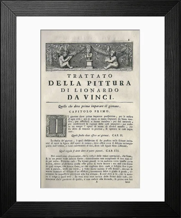 Framed Print : LEONARDO DA VINCI (1452-1519). 'Teatrise on Painting'. Edition published in Naples by Francesco Ricciardo and Vincenzo and Nicola Rispoli (1733). Etching. SPAIN