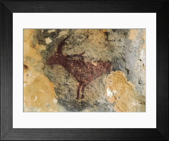Framed Print : SPAIN. Montblanc. Mas d'en Llort Shelter. Cave n.10. Goat, belonging to a hunting scene. Levantine naturalistic style. Neolithic art. Cave Framed Print : SPAIN. Montblanc. Mas d'en Llort Shelter. Cave n.10. Goat, belonging to a hunting scene. Levantine naturalistic style. Neolithic art. Cave