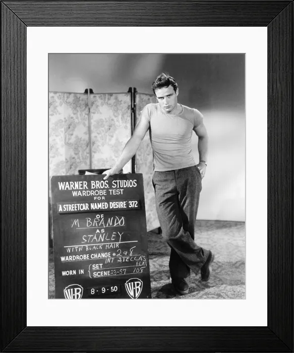 Framed Print : A STREETCAR NAMED DESIRE, Marlon Brando, costume test, August 9, 1950 Framed Print : A STREETCAR NAMED DESIRE, Marlon Brando, costume test, August 9, 1950