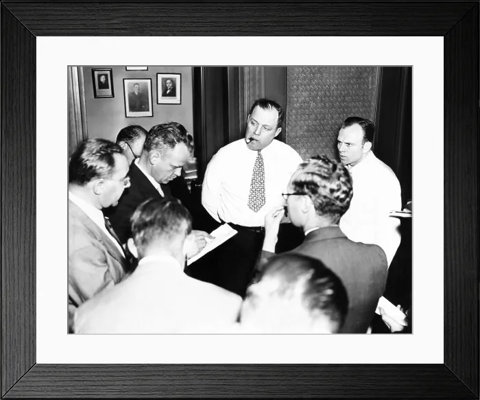 Framed Print : George Meany, discusses the WPA Strike with newsmen, Aug. 9, 1935. Meany did not know how many WPA workers were out on strike, which in fact was only a small percentage