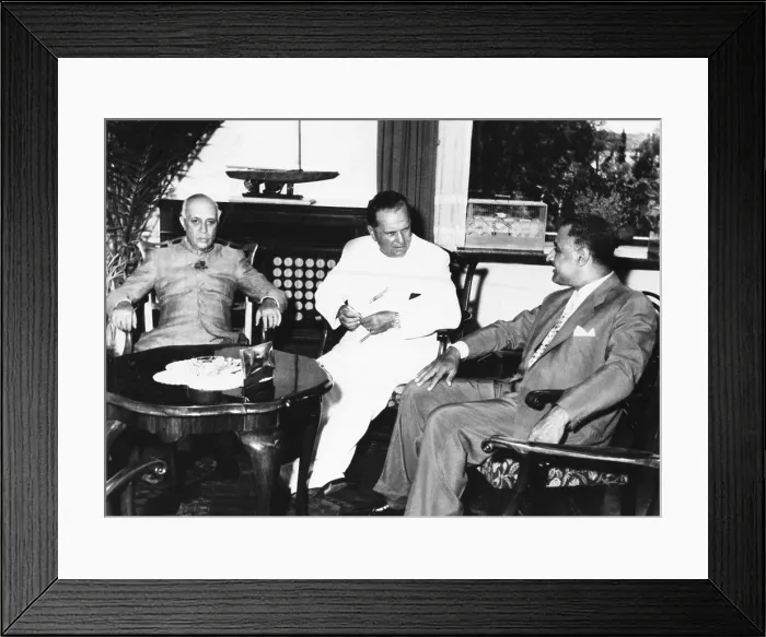 Framed Print : Prime Minister Nehru, Yugoslav President Tito, and Egyptian President Nasser in a conference. July 18, 1956