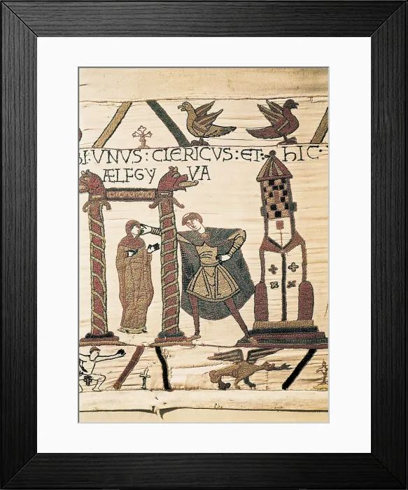 Framed Print : Bayeux Tapestry. 1066-1077. Tapestry divided in scenes that relate the conquest of England by the Normands (1066). Detail of the daughter of William presented to Harold Framed Print : Bayeux Tapestry. 1066-1077. Tapestry divided in scenes that relate the conquest of England by the Normands (1066). Detail of the daughter of William presented to Harold