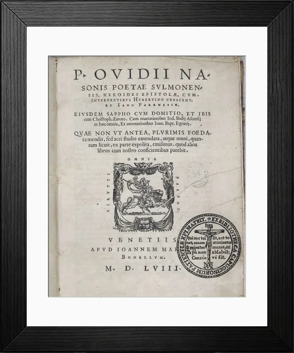 Framed Print : OVID, Publius Ovidius Naso (43 BC-18). Cover of an edition of his works made in Venice in 1558. SPAIN. Madrid. National Library. AISA / Everett Collection**US SALES ONLY**