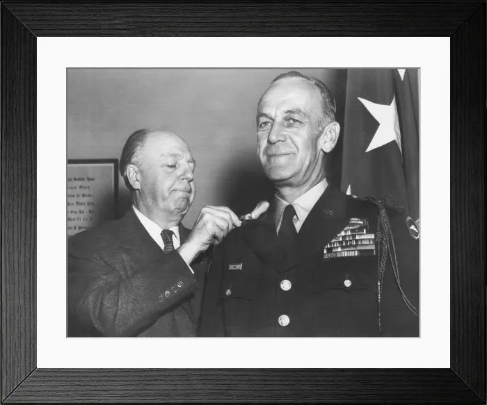 Framed Print : Brig. Gen. Ralph Zwicker (right) receives his 2nd star, April 1, 1957. Sen. Joseph McCarthy to tried to block his promotion when it was before the Senate Armed Services Committee