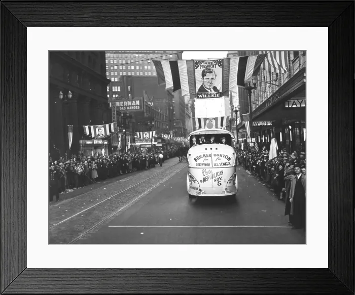 Framed Print : Republican Election campaign parade in Cleveland, Ohio, Oct. 4, 1940. Euclid Avenue is decorated with Wendell Wilkie banners and crowds spill over the sidewalks