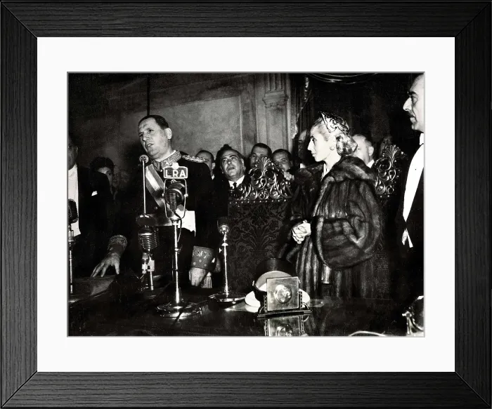 Framed Print : PERON, Juan Domingo (1895-1974); DUARTE DE PERON, Eva Mara, called 'Evita' (1919-1952). Portrait of Evita Pern listening a speech of her husband