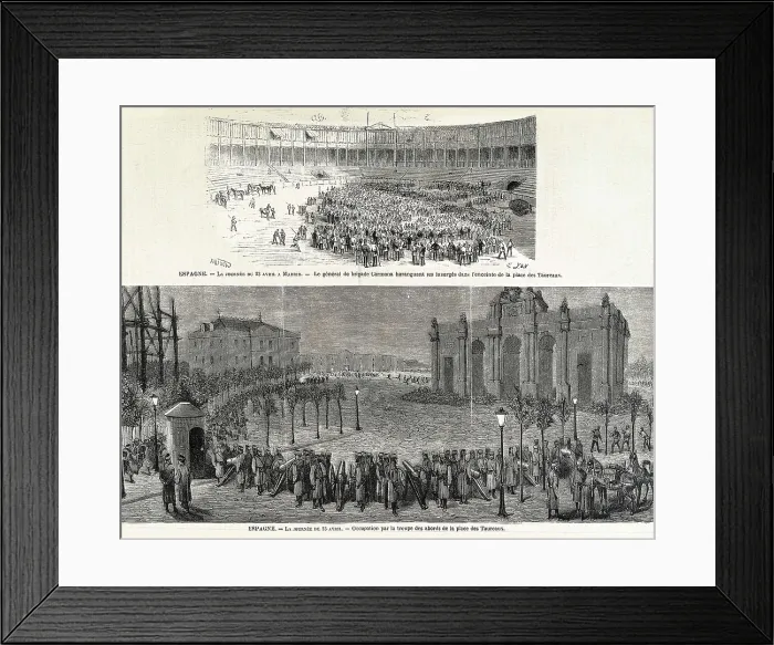 Framed Print : Spain (1873). First Republic. Occupation by the government troops of the surroundings of the bullfighting ring of Madrid (23rd April 1873). Published in 'L'Illustration
