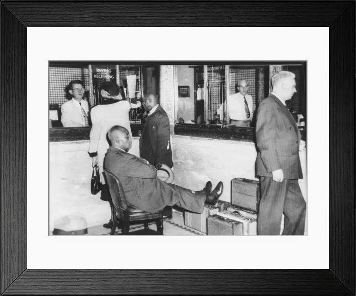 Framed Print : Father Divine followers carried $500, 000 in suitcases to the bank for a cashier's check. It was to purchase the Hotel Riviera, in Newark, N.J Framed Print : Father Divine followers carried $500, 000 in suitcases to the bank for a cashier's check. It was to purchase the Hotel Riviera, in Newark, N.J