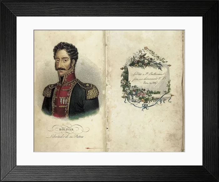 Framed Print : BOLIVAR, Simn (1783-1830). Portrait of Bolivar. Illustration of 'La Victoria de junin', song to Bolivar by J.J. Omedo