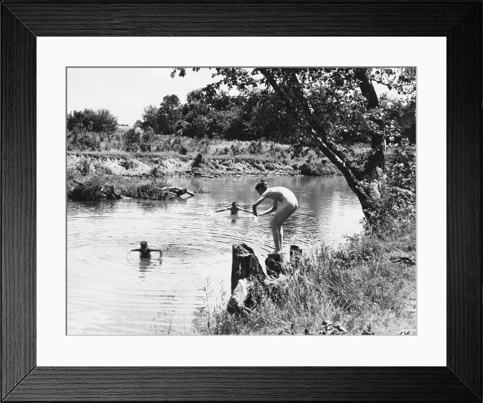 Framed Print : Boys enjoying a swim at the White Elephant Camp in Elwood, Indiana. Wendell Willkie, 1940 Republican candidate for president swam here as a boy