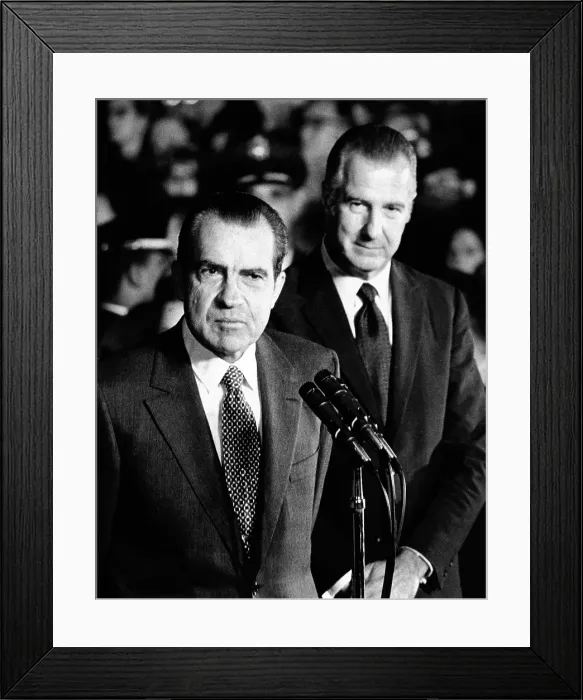 Framed Print : President Nixon speaks on his return from his 12, 000 mile European trip. He was welcomed back by Vice President Spiro Agnew and at Andrews Air Force Base and 1, 500 well wishers