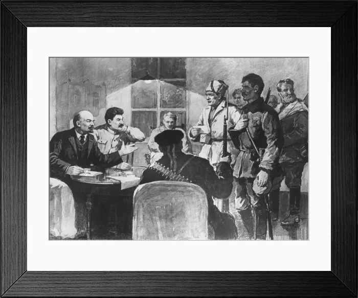 Framed Print : V.I. Lenin and Josef Stalin with Red Guards men in the Smolny Institute, St. Petersburg, 1917. Watercolor painting by P. Vasiliov. (CSU_2015_11_1390)