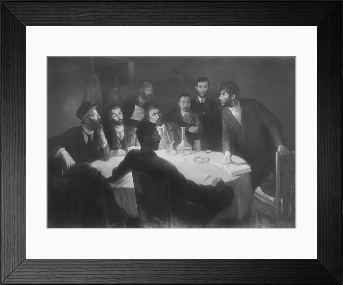 Framed Print : Josef Stalin leading a meeting with his comrades in the revolutionary movement. Reproduction of a painting by the artist I.Z. Vepkhvadze. Ca. 1900. (CSU_2015_11_1387)