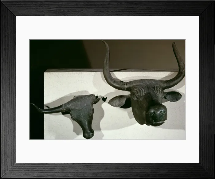 Framed Print : Heads of Bull. 5th-3rd c. BC. Bronze Age. Talaiotic Culture. Sculpture on bronze. SPAIN. Madrid. National Museum of Archaeology. Proc: SPAIN. MALLORCA. Costitx