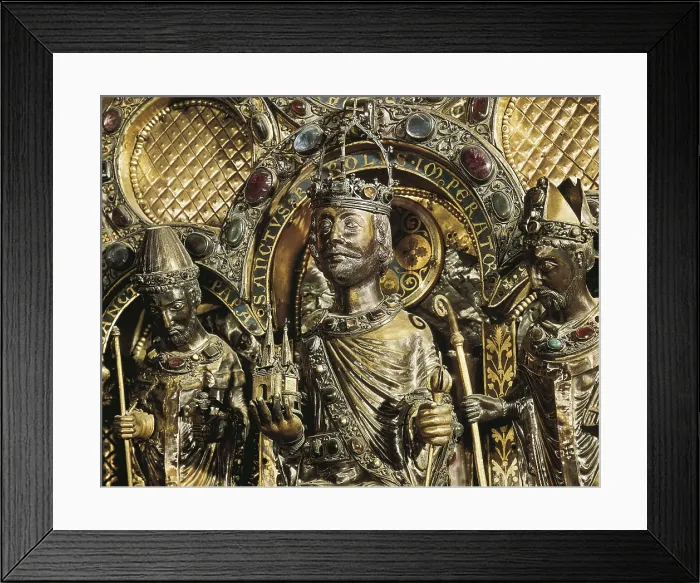 Framed Print : Sarcophagus of Charlemagne. 1165-1215. GERMANY. Aachen. Cathedral. Charlemagne (center) together with Archbishop Turpin (left) and Pope Leo III. Romanesque art. Jewelry