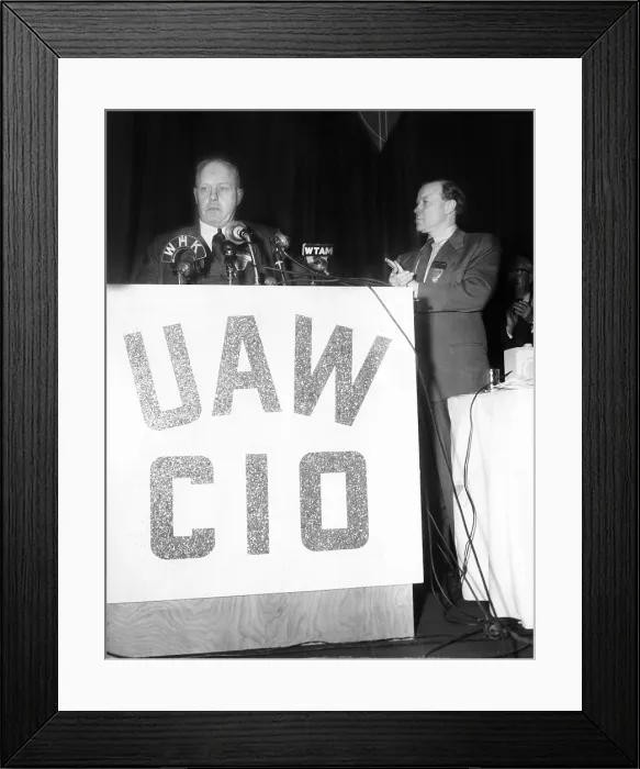 Framed Print : AFL president George Meany addressed Convention of the United Auto Workers-CIO. March 29, 1955. UAW President Walter Reuther is at right Framed Print : AFL president George Meany addressed Convention of the United Auto Workers-CIO. March 29, 1955. UAW President Walter Reuther is at right