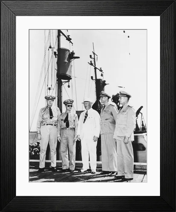 Framed Print : Navy Secretary Frank Knox on inspection tour to heighten anti-submarine defenses. July 19, 1942 in Charleston, SC. L-R: Lt. Cmdr. M.W. Greenough; Frank Knox; Rear Adm Framed Print : Navy Secretary Frank Knox on inspection tour to heighten anti-submarine defenses. July 19, 1942 in Charleston, SC. L-R: Lt. Cmdr. M.W. Greenough; Frank Knox; Rear Adm