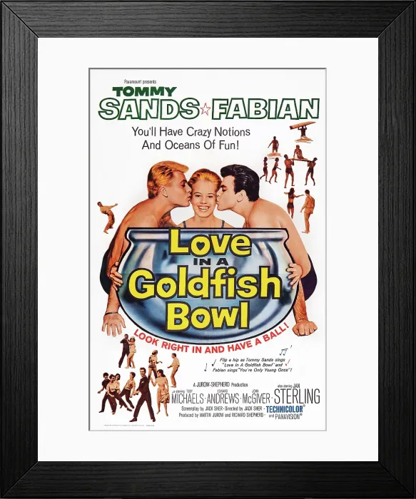 Framed Print : LOVE IN A GOLDFISH BOWL, US poster art, from left: Fabian, Toby Michaels, Tommy Sands, 1961