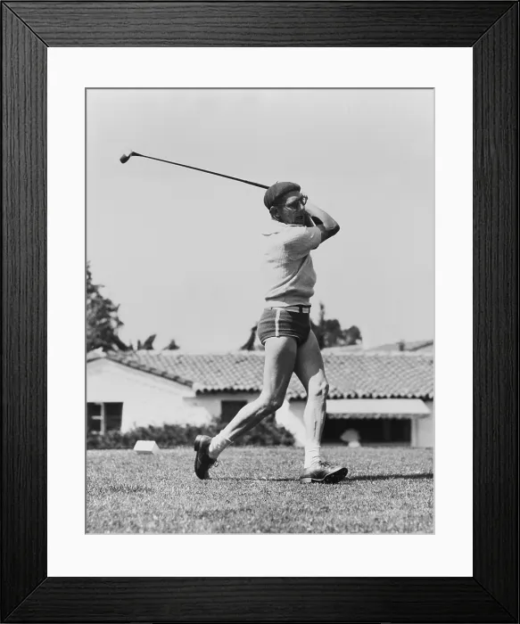 Framed Print : Chico Marx golfing at Avalon, Catalina Island, California. July 8, 1933. He is out of character, wearing his bathing suit and a beret. (CSU_2015_11_1248) Framed Print : Chico Marx golfing at Avalon, Catalina Island, California. July 8, 1933. He is out of character, wearing his bathing suit and a beret. (CSU_2015_11_1248)