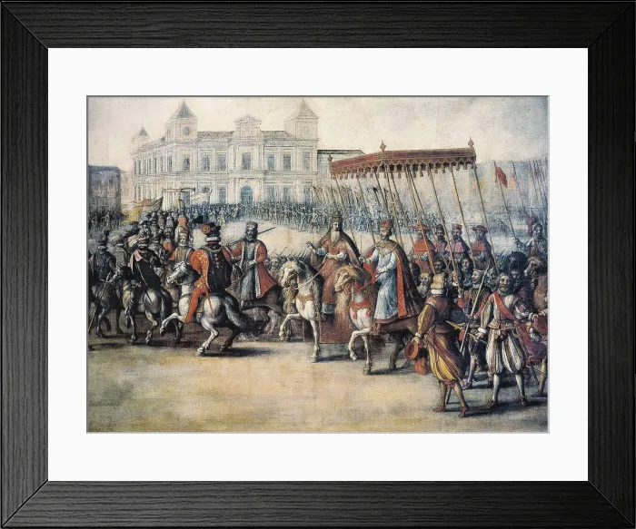 Framed Print : CORTE, Juan de la (1597-1660). The Coronation of Charles V in Bologna. Retinue with Emperor Charles Carlos V and Pope Clement VII (28th June 1519). Flemish art. Oil on canvas