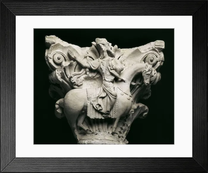 Framed Print : Capital of King David on Horseback. 12th c. Romanesque art. Relief on rock. SPAIN. Madrid. National Museum of Archaeology. Proc: SPAIN. Aguilar de Campoo