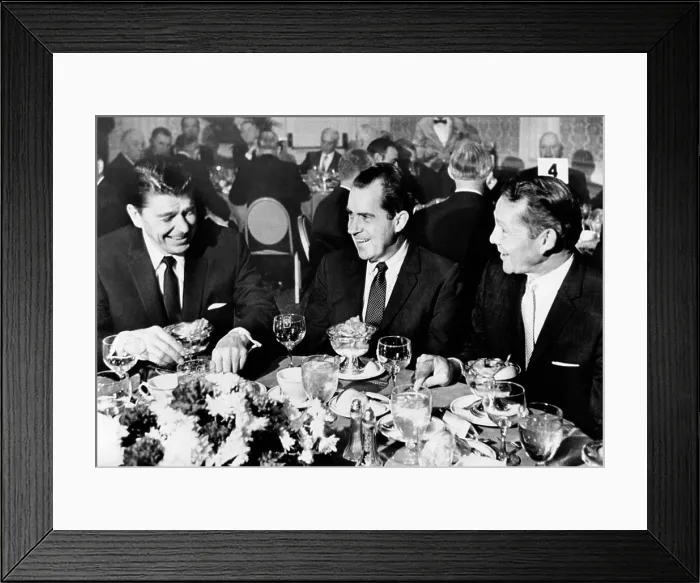 Framed Print : President-elect Richard Nixon (center) joins Calif. Governor Ronald Reagan (left) and Lt. Governor Robert Finch for lunch with other prominent Californians. Jan 2, 1969