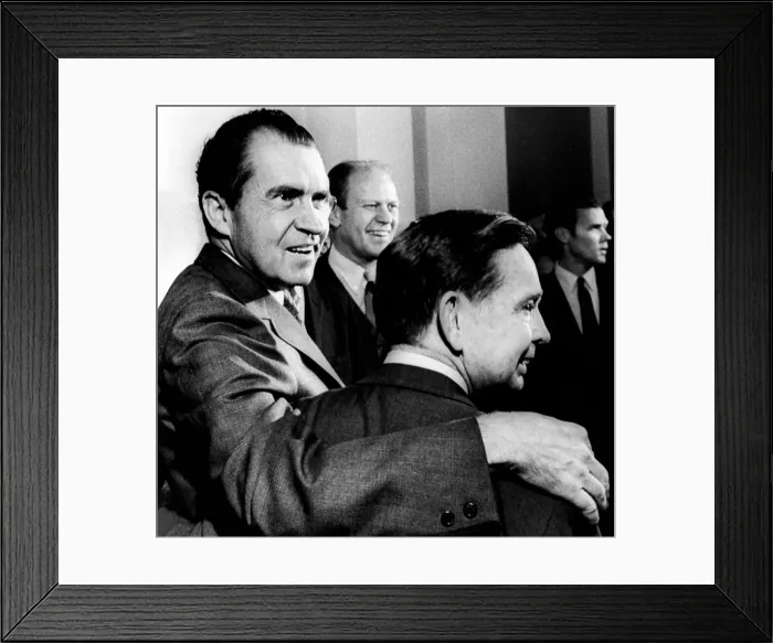 Framed Print : President Nixon with his arm around Democratic Majority Leader Carl Albert. In the background is Minority Leader Gerald Ford