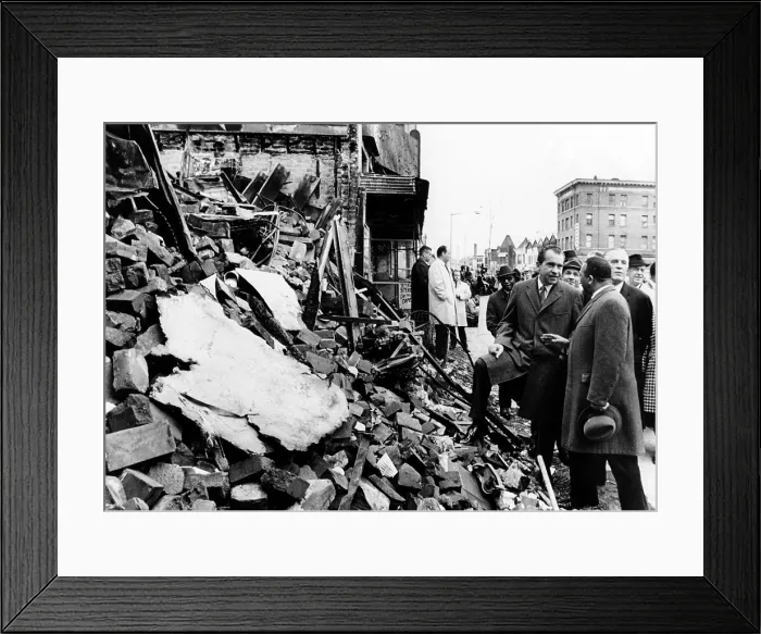 Framed Print : President Richard Nixon visited a scarred 2-block area of northwest Washington damaged in the riots following Martin Luther King's assassination in April 1968
