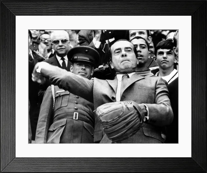 Framed Print : President Richard Nixon tosses out the first ball of 1969 baseball season. The Senators played the Yankees in the newly named Robert P. Kennedy Stadium, April 7, 1969 Framed Print : President Richard Nixon tosses out the first ball of 1969 baseball season. The Senators played the Yankees in the newly named Robert P. Kennedy Stadium, April 7, 1969