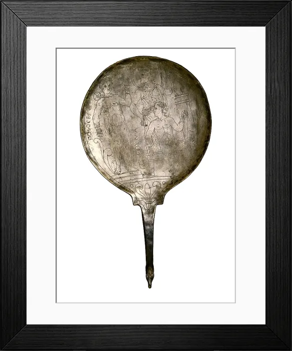 Framed Print : Mirror engraved with Athena and Hercules. Etruscan art. Decorative Arts. SPAIN. Madrid. National Museum of Archaeology. AISA / Everett Collection**US SALES ONLY**