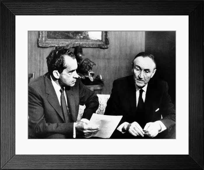 Framed Print : President Richard Nixon meets with Senate Majority leader Mike Mansfield, who presented a report on his trip to the Far East. Western White House at San Clemente, Aug. 27, 1969