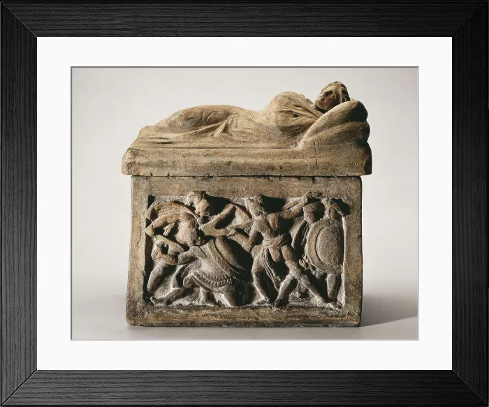 Framed Print : Funerary urn. 3rd-2nd c. BC. Relief depicting a hero fighting against the Persians. Etruscan art. Relief on rock. SPAIN. Madrid. National Museum of Archaeology. Proc: ITALY Framed Print : Funerary urn. 3rd-2nd c. BC. Relief depicting a hero fighting against the Persians. Etruscan art. Relief on rock. SPAIN. Madrid. National Museum of Archaeology. Proc: ITALY