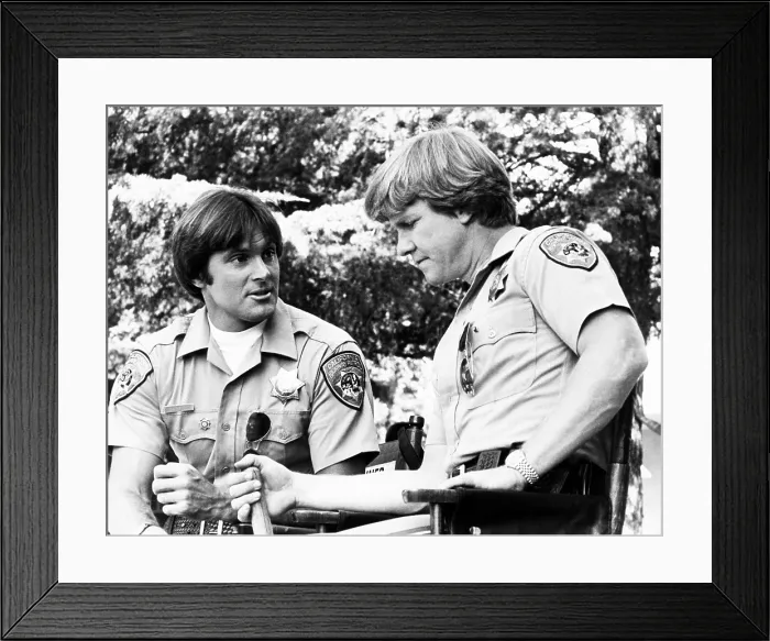 Framed Print : Bruce Jenner as Officer Steve McLeish and Larry Wilcox as Jon Baker on CHiPs