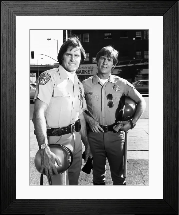 Framed Print : Bruce Jenner as Officer Steve McLeish with Larry Wilcox playing Jon Baker on CHiPs
