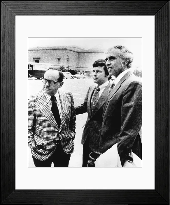 Framed Print : Watergate burglar Bernard Barker (center) leaves federal court in Miami on Oct. 27, 1972