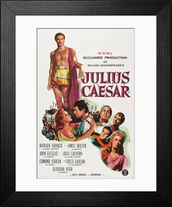 Framed Print : JULIUS CAESAR, US poster art, Marlon Brando (top), embracing from left: Deborah Kerr, James Mason, rear from left: Louis Calhern, John Gielgud, Edmond O'Brien (red stripe)