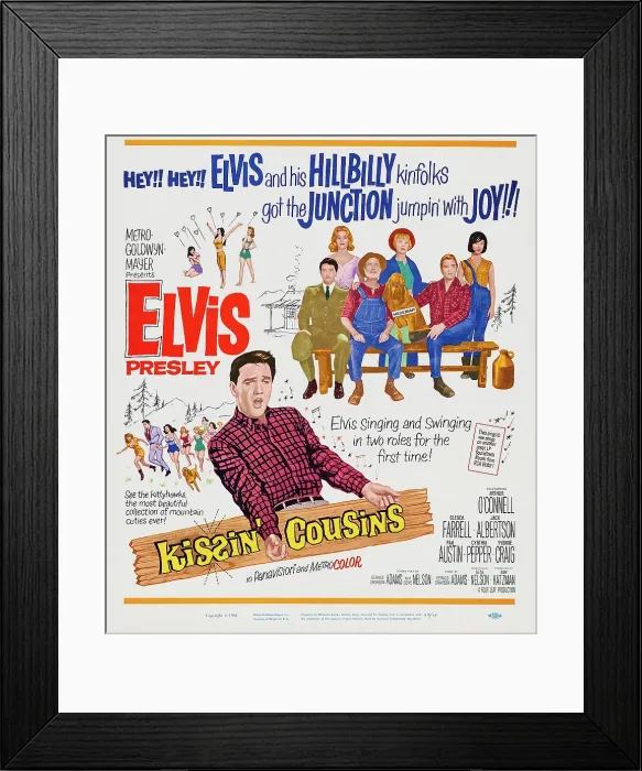 Framed Print : KISSIN COUSINS, US poster, Elvis Presley, sitting on bench from left: Elvis Presley, Arthur O'Connell, Elvis Presley, back row from left: Pamela Austin, Glenda Farrell