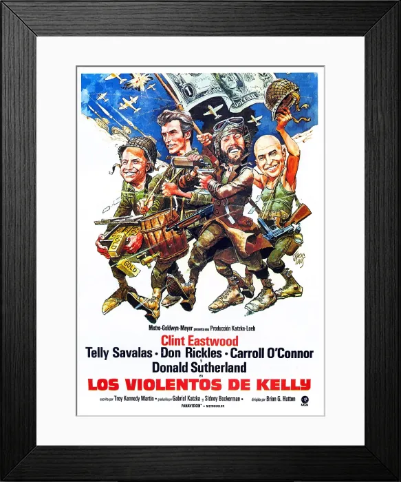 Framed Print : KELLY'S HEROES, (aka LOS VIOLENTOS DE KELLY), poster illustrated by Jack Davis, from left: Don Rickles, Clint Eastwood, Donald Sutherland, Telly Savalas, 1970 Framed Print : KELLY'S HEROES, (aka LOS VIOLENTOS DE KELLY), poster illustrated by Jack Davis, from left: Don Rickles, Clint Eastwood, Donald Sutherland, Telly Savalas, 1970