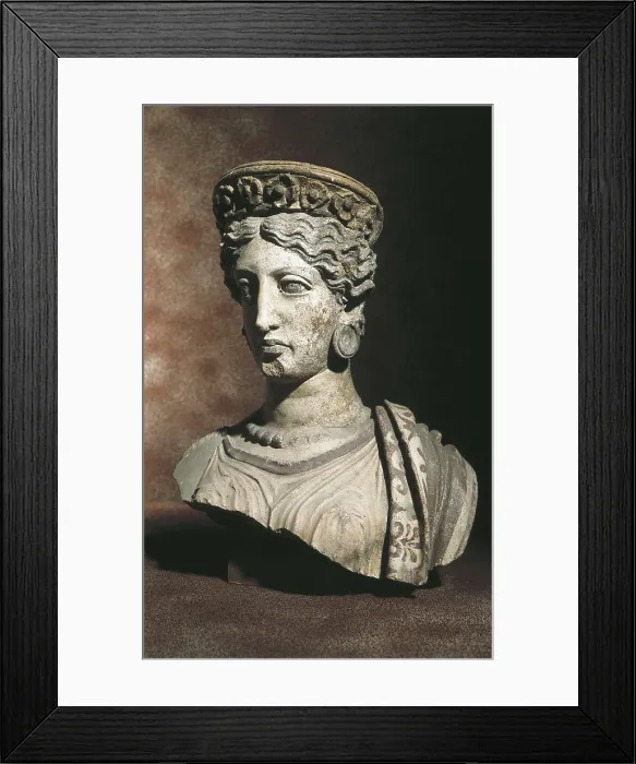 Framed Print : Bust of a Woman. 4th c. BC. Polychromatic terracotta. Classical Greek art. Terra-cotta. ITALY. Syracuse. Museo Archeologico Paolo Orsi (Paolo Orsi Regional Archaeological Museum)