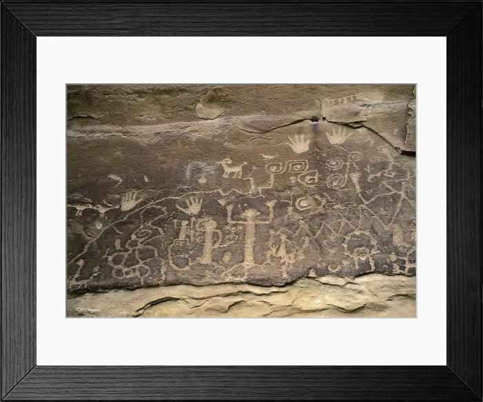 Framed Print : UNITED STATES OF AMERICA. COLORADO. Mesa Verde National Park. Petroglyphs depicting the Pueblo or Anazasi Indias, animals and symbols of clans Framed Print : UNITED STATES OF AMERICA. COLORADO. Mesa Verde National Park. Petroglyphs depicting the Pueblo or Anazasi Indias, animals and symbols of clans