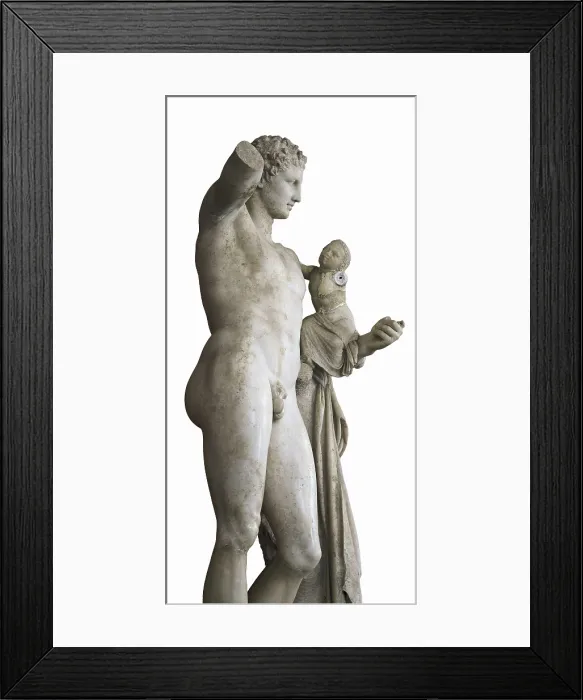 Framed Print : PRAXITELES (flourished 370, -330 BC). Hermes bearing the infant Dionysus. ca. 330 BC. Hermes carrying the child Dionysus to the nymphs who were charged with his rearing Framed Print : PRAXITELES (flourished 370, -330 BC). Hermes bearing the infant Dionysus. ca. 330 BC. Hermes carrying the child Dionysus to the nymphs who were charged with his rearing