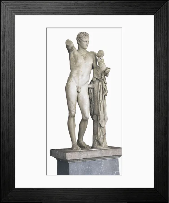 Framed Print : PRAXITELES (flourished 370, -330 BC). Hermes bearing the infant Dionysus. ca. 330 BC. Hermes carrying the child Dionysus to the nymphs who were charged with his rearing Framed Print : PRAXITELES (flourished 370, -330 BC). Hermes bearing the infant Dionysus. ca. 330 BC. Hermes carrying the child Dionysus to the nymphs who were charged with his rearing