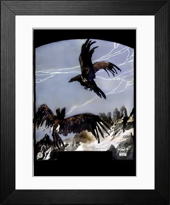 Framed Print : World War I, Italian eagle attacking double-headed Austrian imperial eagle in mid-air over mountains, lithograph by E. Guazzoni, circa 1918 Framed Print : World War I, Italian eagle attacking double-headed Austrian imperial eagle in mid-air over mountains, lithograph by E. Guazzoni, circa 1918