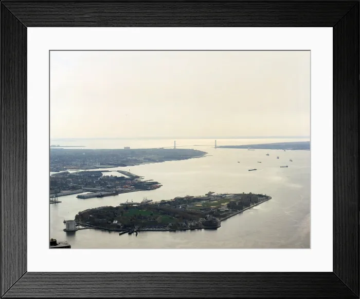 Framed Print : New York City, aerial view of Governor's Island looking south from the World Trade Center; 1982-1983