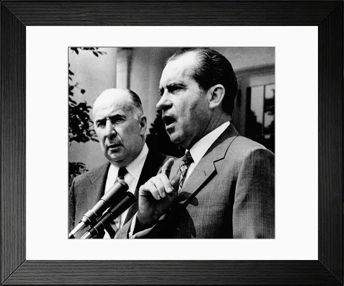 Framed Print : President Richard Nixon and Attorney General John Mitchell addressing a group of visiting US attorneys at the White House